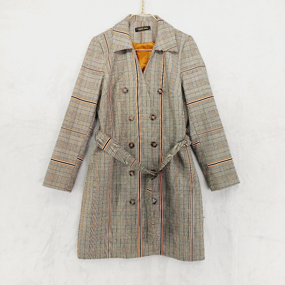 Plaid Double-Breasted Trench Coat with Belt - Camel Stripe